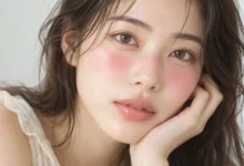 Close-up of a woman wearing soft pink Igari makeup with rosy blush under the eyes and across the nose bridge.