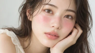 Close-up of a woman wearing soft pink Igari makeup with rosy blush under the eyes and across the nose bridge.