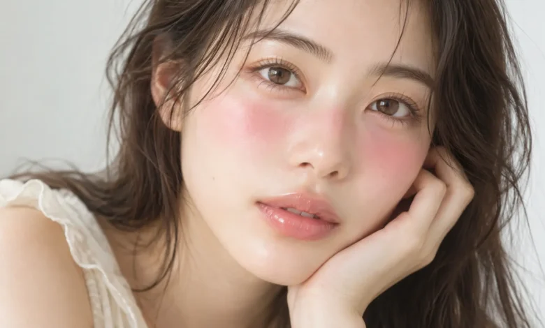 Close-up of a woman wearing soft pink Igari makeup with rosy blush under the eyes and across the nose bridge.