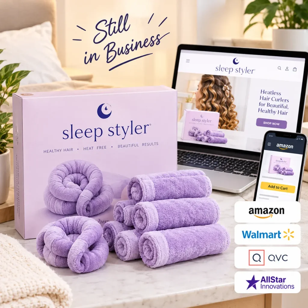 Sleep Styler lavender heatless curlers and product packaging displayed beside online shopping screens representing retail availability.