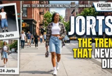 Woman wearing denim jorts in a streetwear outfit showing the comeback of the jorts fashion trend