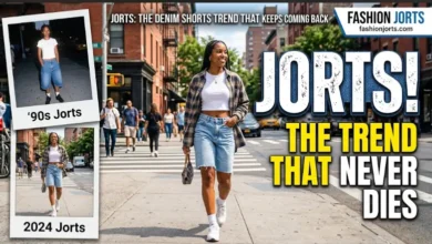 Woman wearing denim jorts in a streetwear outfit showing the comeback of the jorts fashion trend