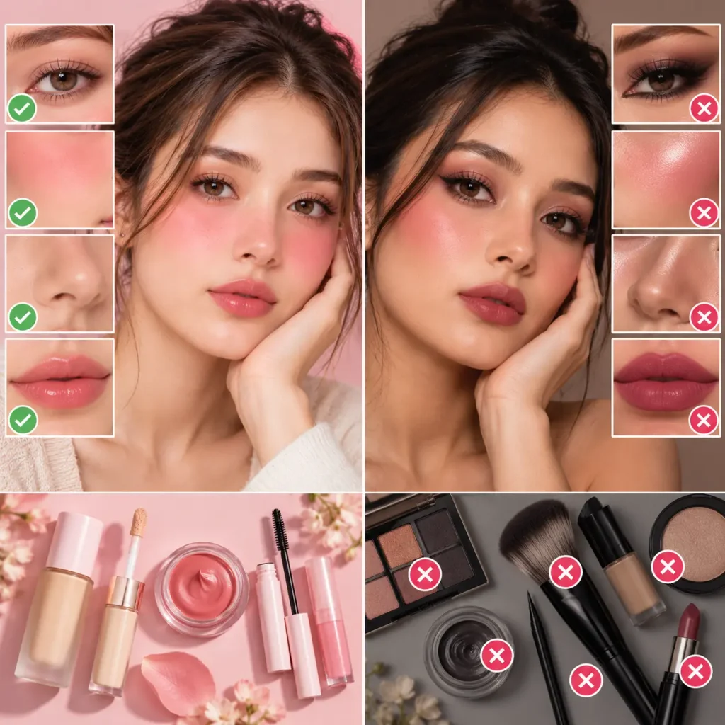 Side-by-side comparison of natural Igari makeup and heavy makeup, highlighting soft blush, subtle eyes, and glossy lips.