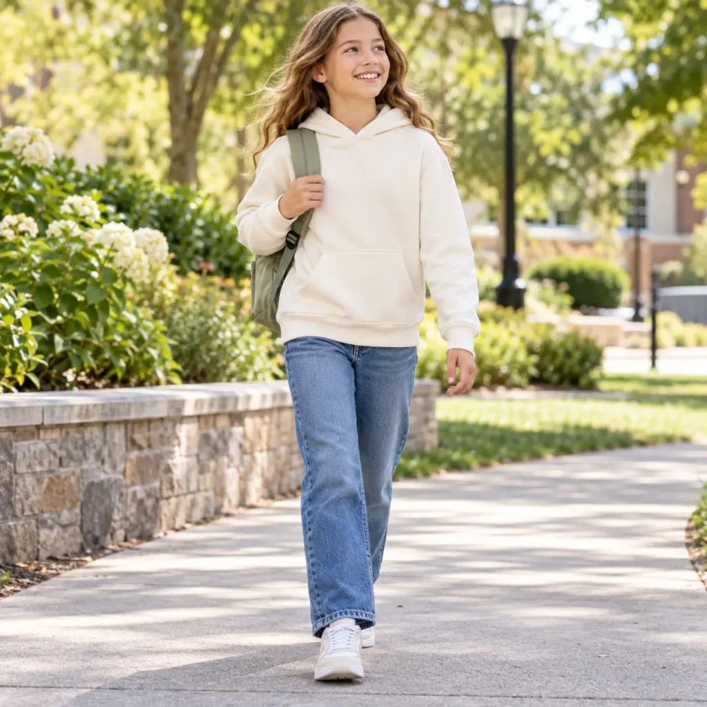 Girl wearing a classic cream pullover hoodie with jeans and sneakers for everyday casual wear