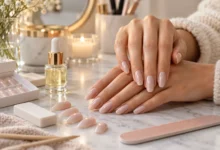 Kleo Nails with beautiful nude pink press-on gel nails, cuticle oil, and manicure tools for a salon-style finish at home.