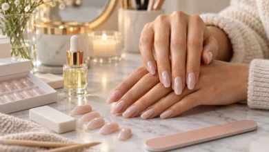 Kleo Nails with beautiful nude pink press-on gel nails, cuticle oil, and manicure tools for a salon-style finish at home.