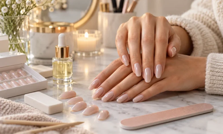 Kleo Nails with beautiful nude pink press-on gel nails, cuticle oil, and manicure tools for a salon-style finish at home.