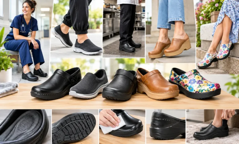 Five trendy Klogs footwear styles, including classic leather, sporty athletic, slip-resistant, platform, and colorful printed clogs.