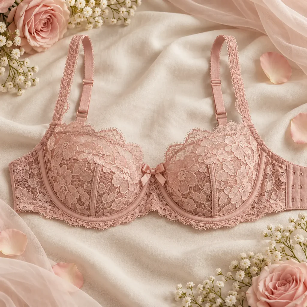 Blush pink floral lace balconette bra with underwire cups and adjustable straps displayed on cream fabric with roses.