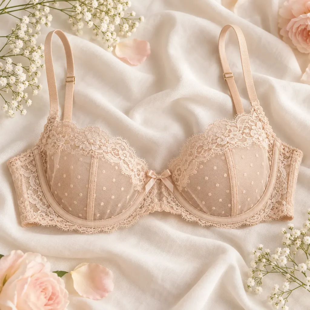Nude beige mesh-dot balconette bra with delicate lace trim, underwire cups, and adjustable straps on soft ivory fabric.