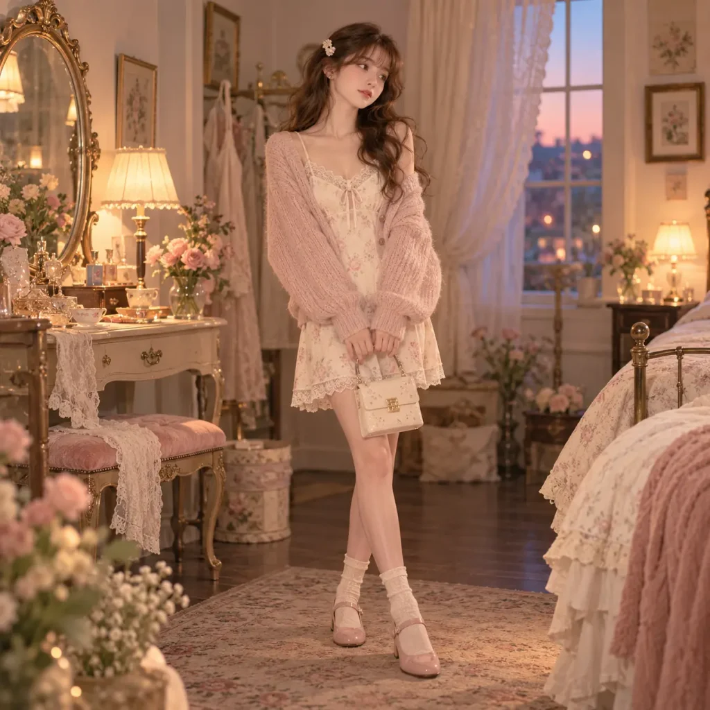 Woman wearing a lace-trimmed floral slip dress with an oversized pink knit cardigan and Mary Jane shoes