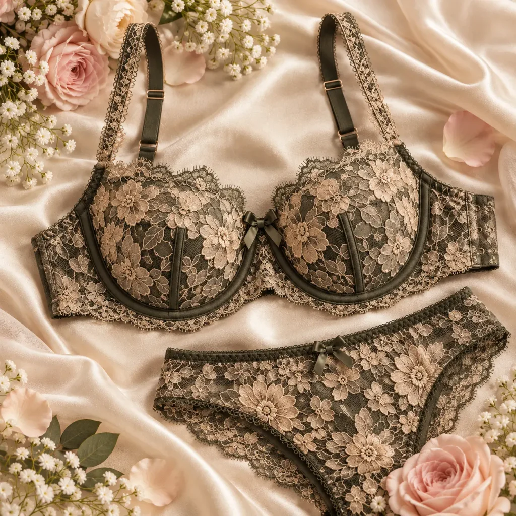 Dark olive floral lace underwire balconette bra with matching lace panties displayed on champagne satin with pink roses.