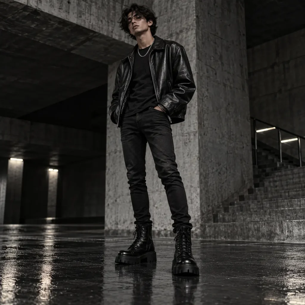 Men's Opium style outfit with a black leather jacket, slim black jeans and chunky combat boots
