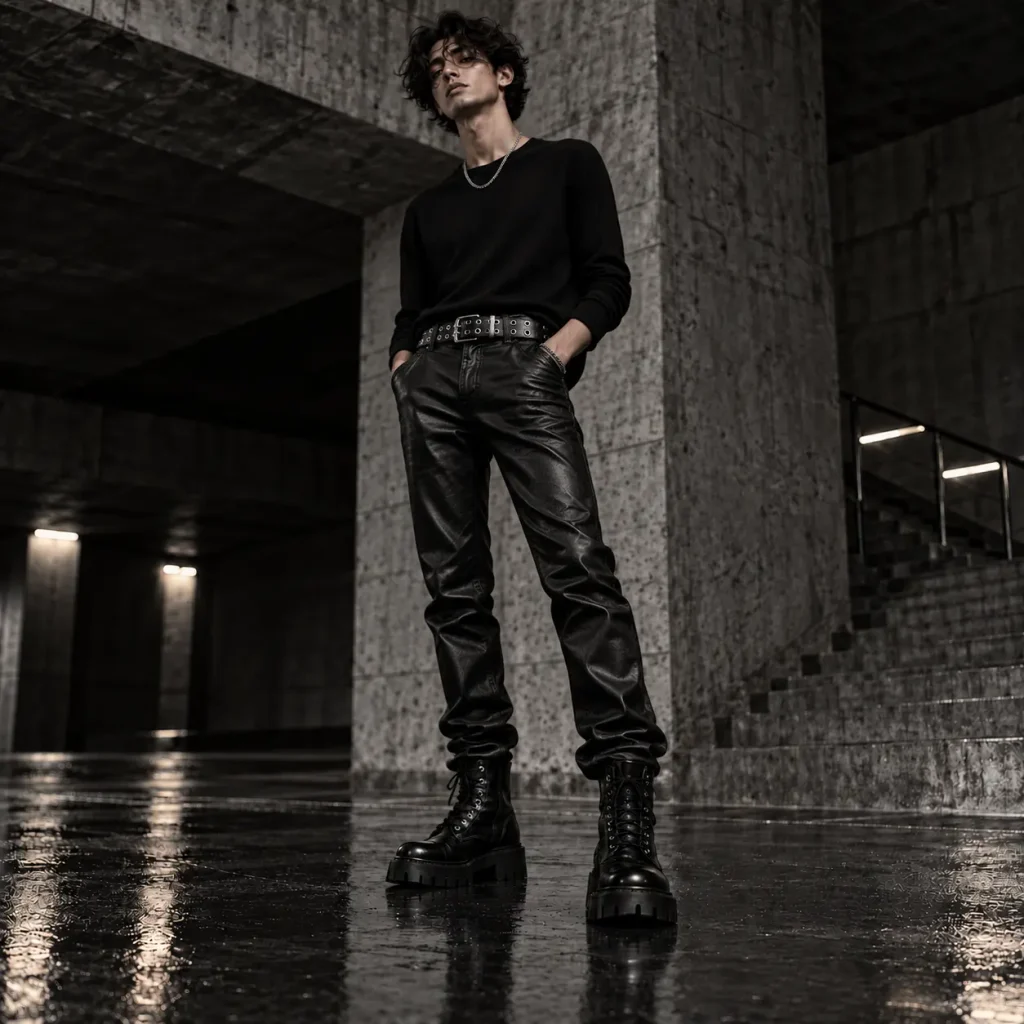 Black leather-look pants with a silver studded belt, black top and chunky combat boots