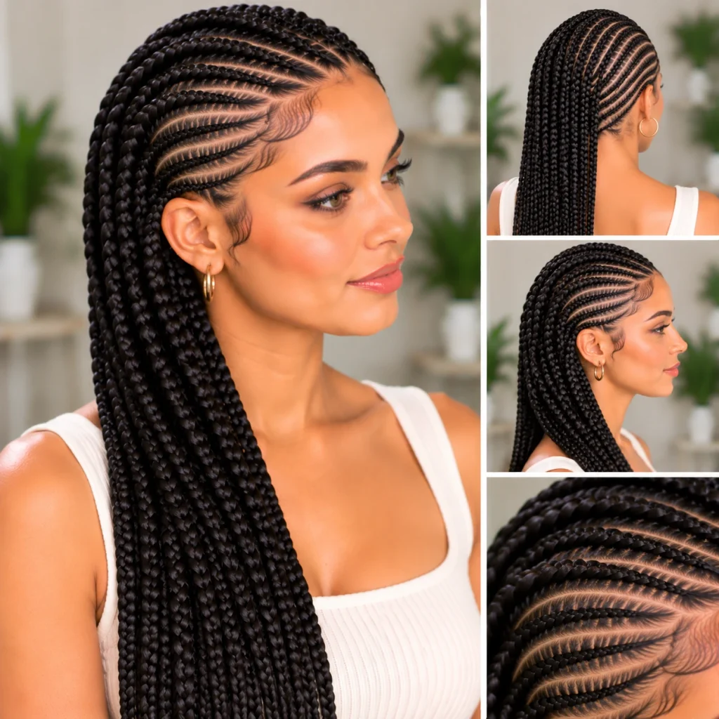 Lemonade braids hairstyle with long, side-swept cornrows