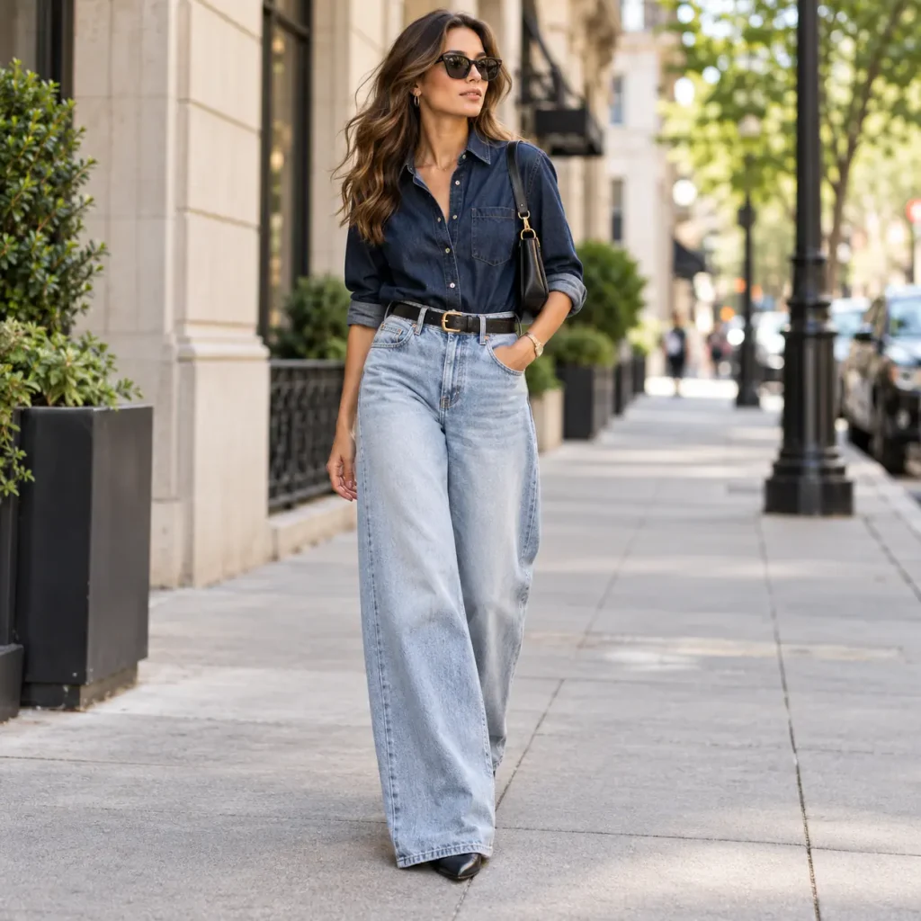 Woman styling a dark blue denim shirt with light-wash wide-leg jeans and a black leather belt
