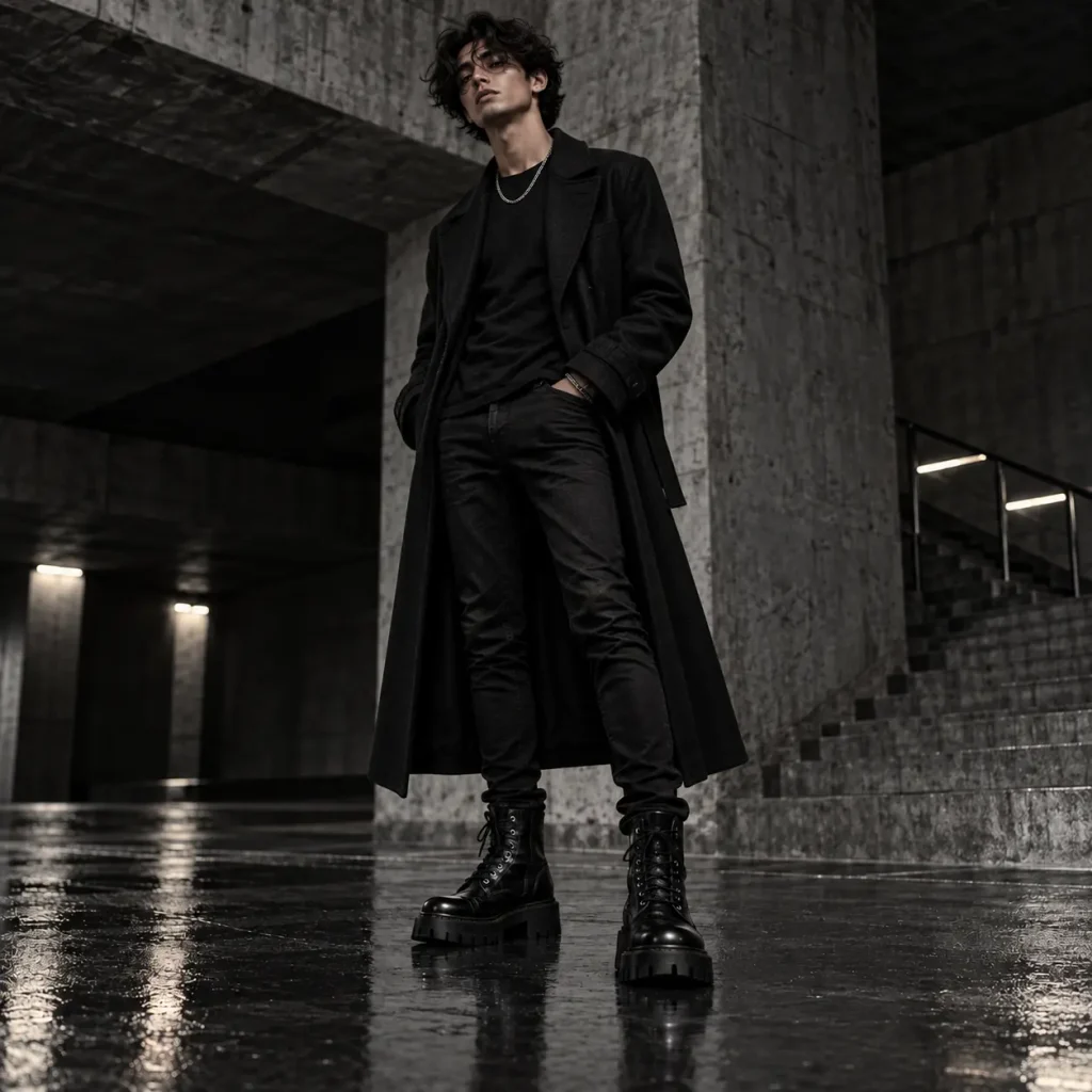 Opium style long black coat paired with slim black jeans and chunky platform boots