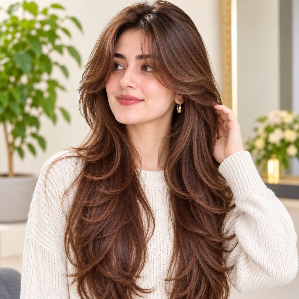 Woman with long curtain bangs and voluminous layered brown hair