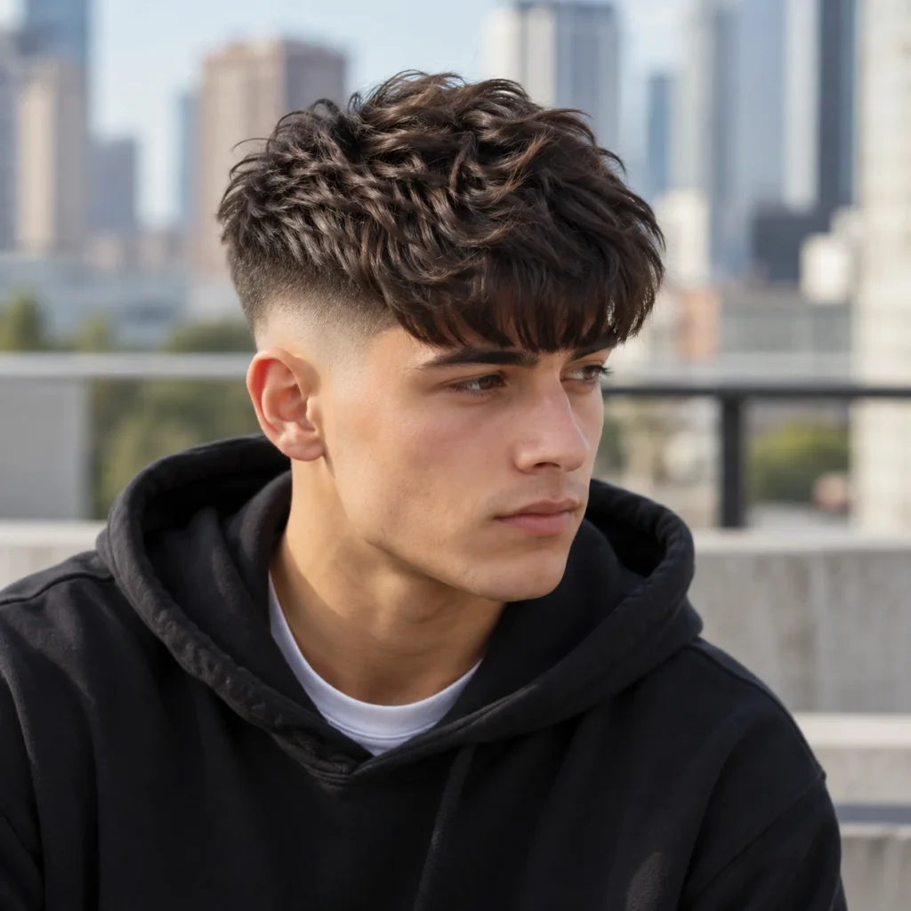 Young man with long top Edgar haircut featuring thick wavy textured hair, extended fringe and short faded sides