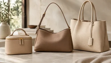 Three neutral-toned Loro Piana bags showcasing quiet luxury style with minimalist designs and premium leather textures.