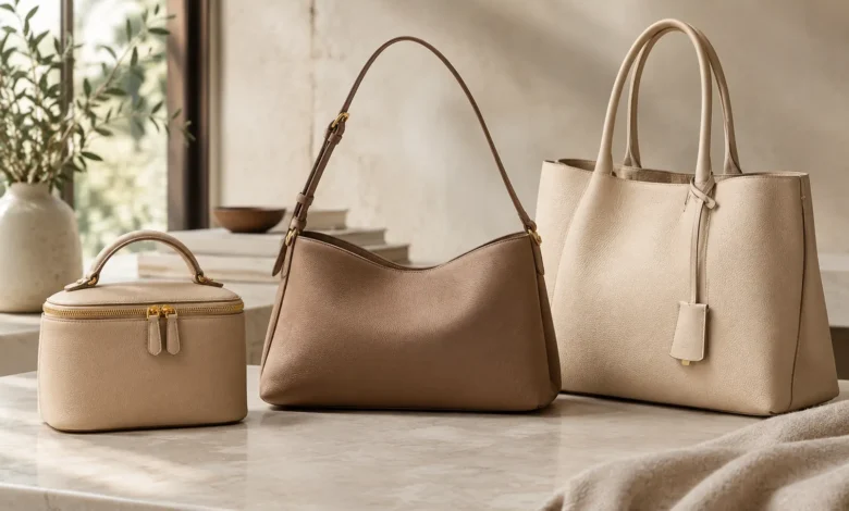 Three neutral-toned Loro Piana bags showcasing quiet luxury style with minimalist designs and premium leather textures.
