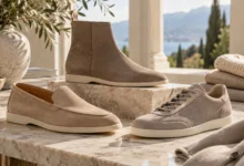 Three elegant Loro Piana shoes featuring a suede loafer, ankle boot, and casual sneaker in neutral colours