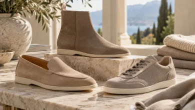 Three elegant Loro Piana shoes featuring a suede loafer, ankle boot, and casual sneaker in neutral colours