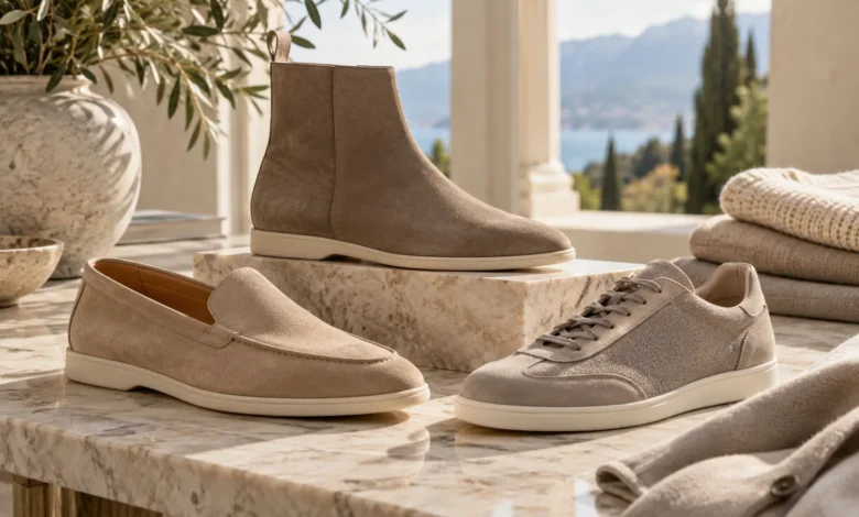 Three elegant Loro Piana shoes featuring a suede loafer, ankle boot, and casual sneaker in neutral colours