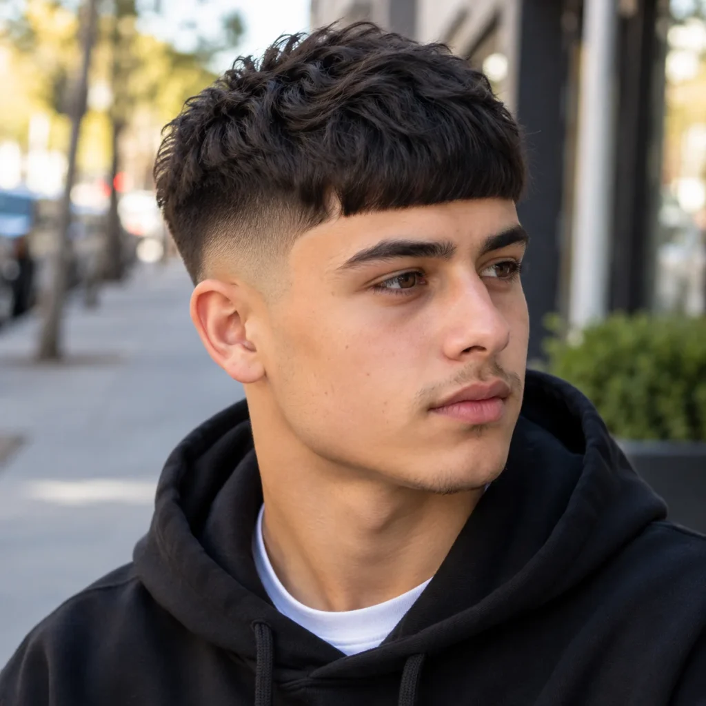 Casual low fade Edgar haircut featuring a neat short fringe, natural dark hair and clean faded sides