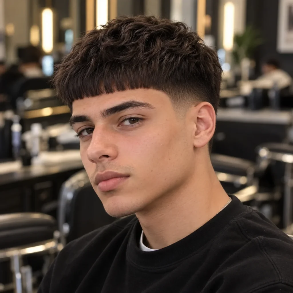 Young man sporting a low taper Edgar haircut with a soft fade, natural textured top and short fringe