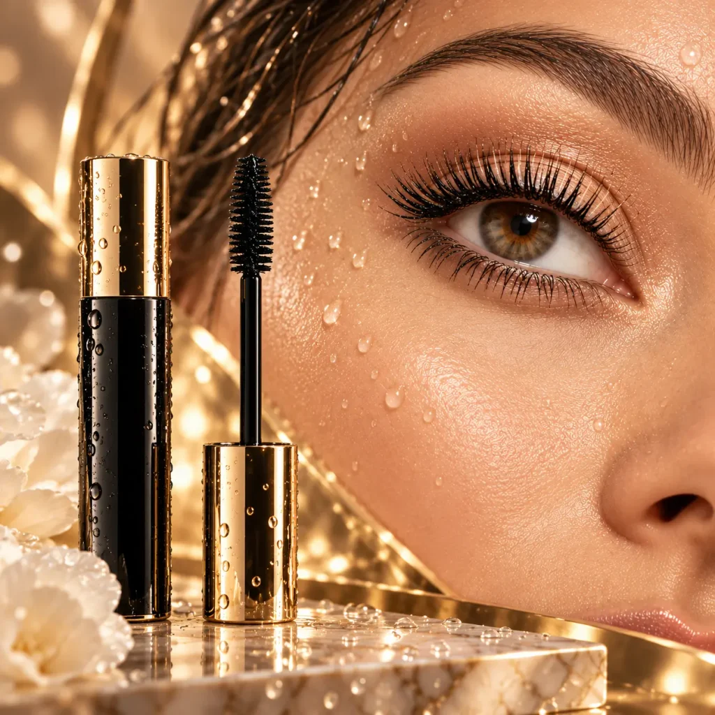 Water-resistant mascara and beautifully defined lashes in a luxury beauty setting
