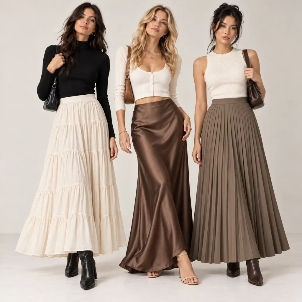 Three women wearing fashionable maxi skirts in cream tiered, chocolate satin and taupe pleated designs