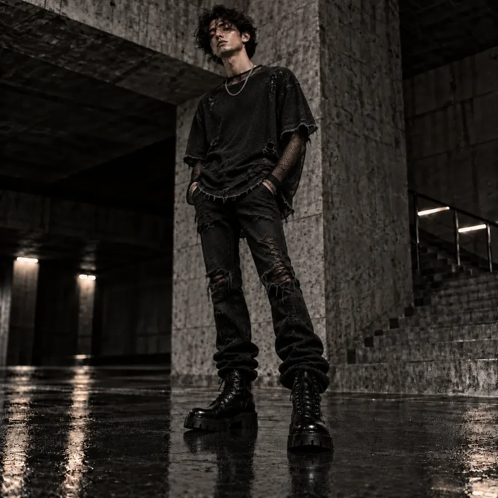Black mesh long sleeve shirt layered under a ripped black t-shirt with distressed jeans and boots