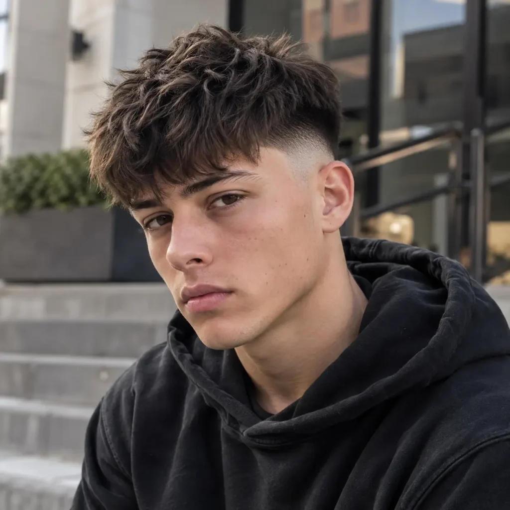 Young man with messy Edgar haircut featuring a tousled textured top, uneven fringe and neatly faded sides