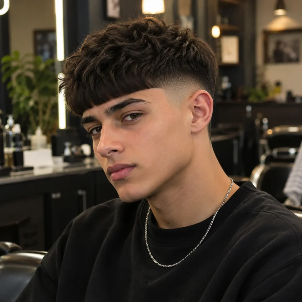Young man with mid fade Edgar cut featuring thick textured hair, defined front fringe and smoothly faded sides