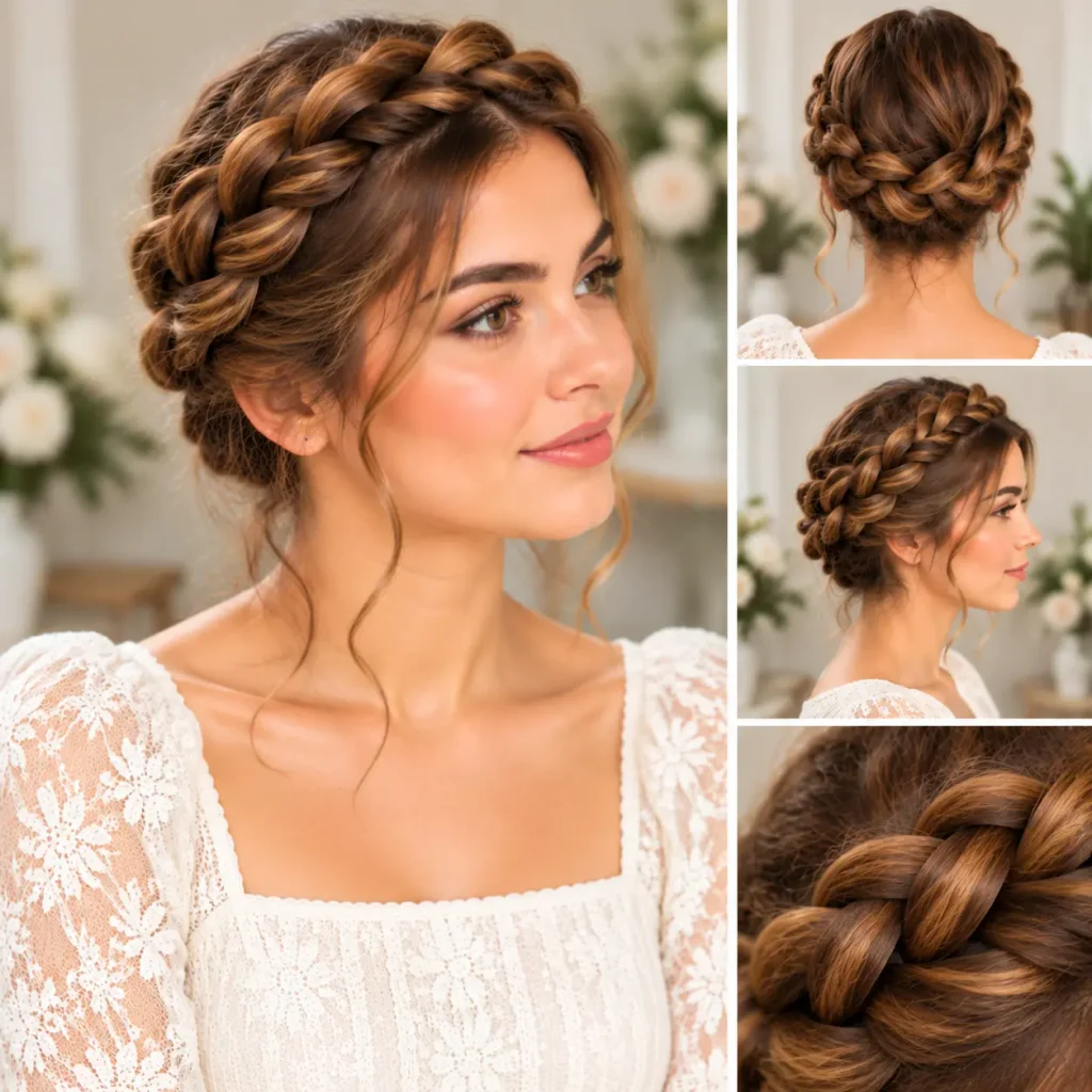 Milkmaid braids wrapped across the top of the head