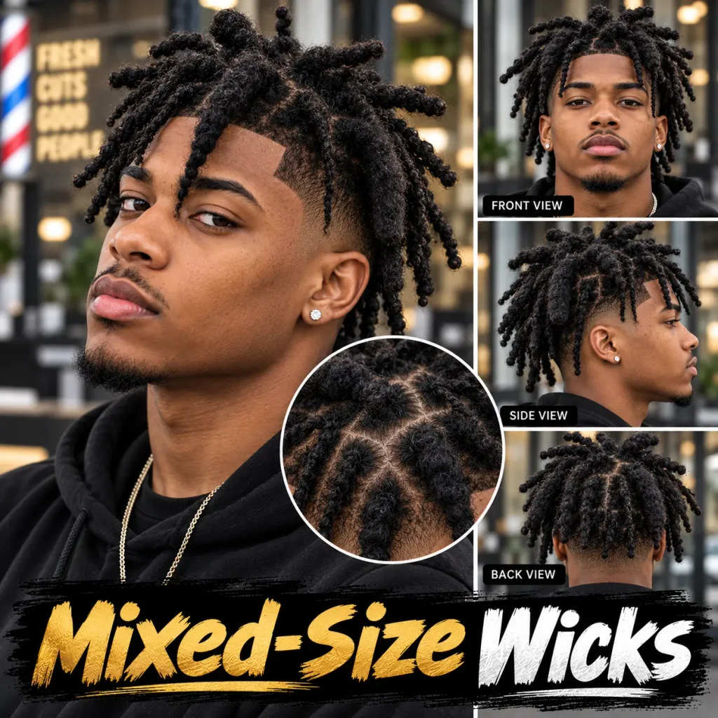 Mixed-size wicks hairstyle featuring thick and thin locs combined for a unique textured look with a clean fade