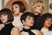 Collection of modern mod cut styles including bobs, pixie cuts, curls, and textured retro looks