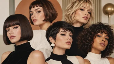 Collection of modern mod cut styles including bobs, pixie cuts, curls, and textured retro looks