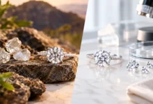Natural diamonds and lab-grown diamond engagement rings displayed side by side, highlighting luxury jewelry styles and sparkling gemstones.