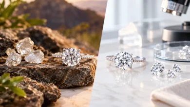 Natural diamonds and lab-grown diamond engagement rings displayed side by side, highlighting luxury jewelry styles and sparkling gemstones.