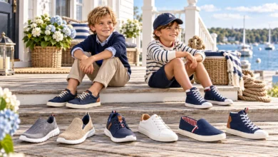 Nautica Boys Fashion Sneakers featuring stylish kids wearing navy blue sneakers with various trendy shoe designs displayed on a seaside wooden deck.