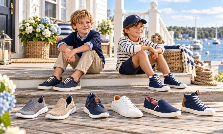 Nautica Boys Fashion Sneakers featuring stylish kids wearing navy blue sneakers with various trendy shoe designs displayed on a seaside wooden deck.