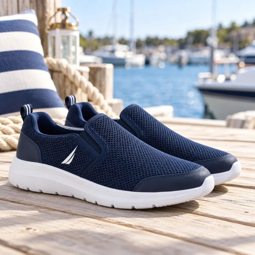Nautica boys logo mesh slip-on sneakers in navy blue featuring breathable fabric, a small sail logo and white soles