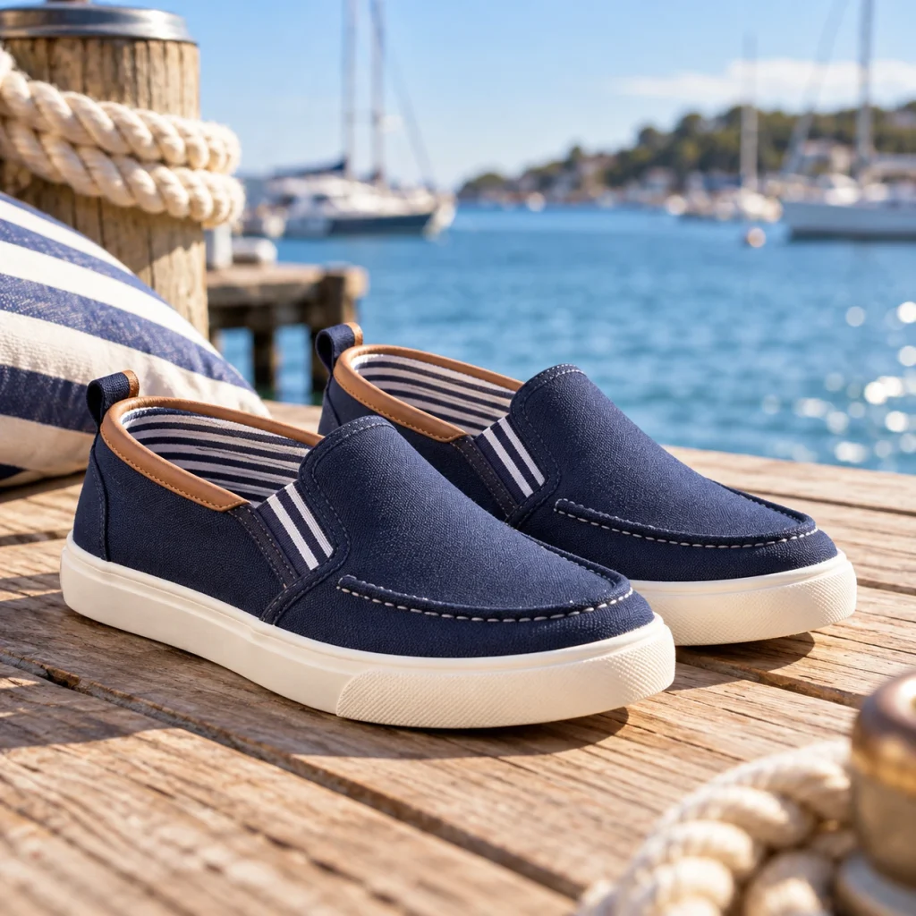Navy blue Nautica Doubloon twin gore canvas slip-on sneakers with elastic side panels, striped lining and white soles