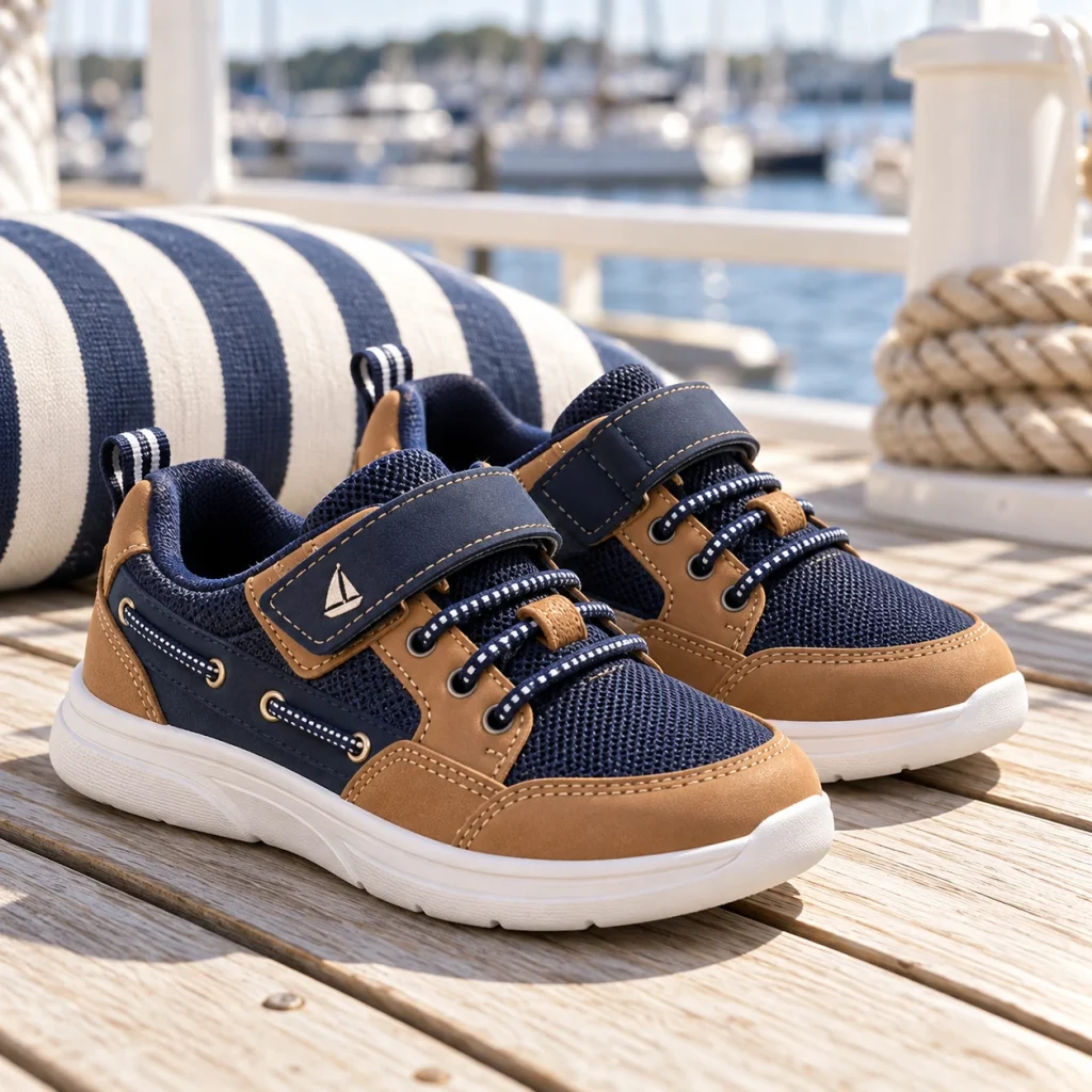 Nautica kids Berrian bungee strap sneakers featuring navy mesh, tan accents, elastic laces and adjustable straps