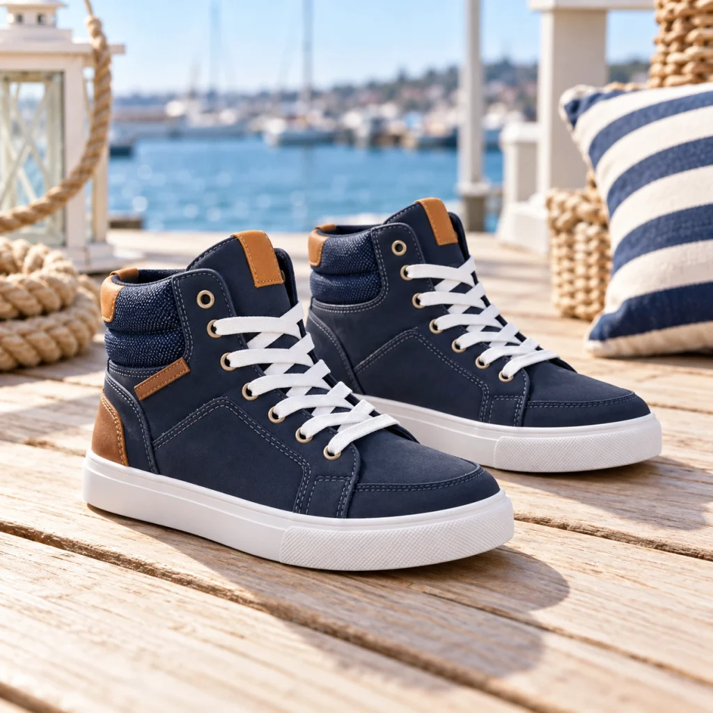 Navy blue Nautica kids high-top fashion sneakers featuring white laces, padded ankle collars and rubber soles