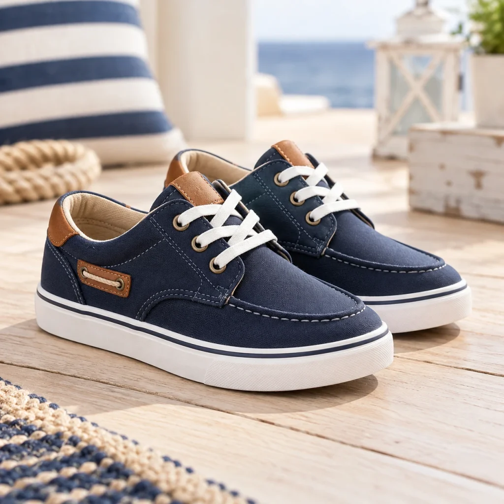Navy blue Nautica kids casual lace-up Oxford sneakers with white rubber soles and tan accents