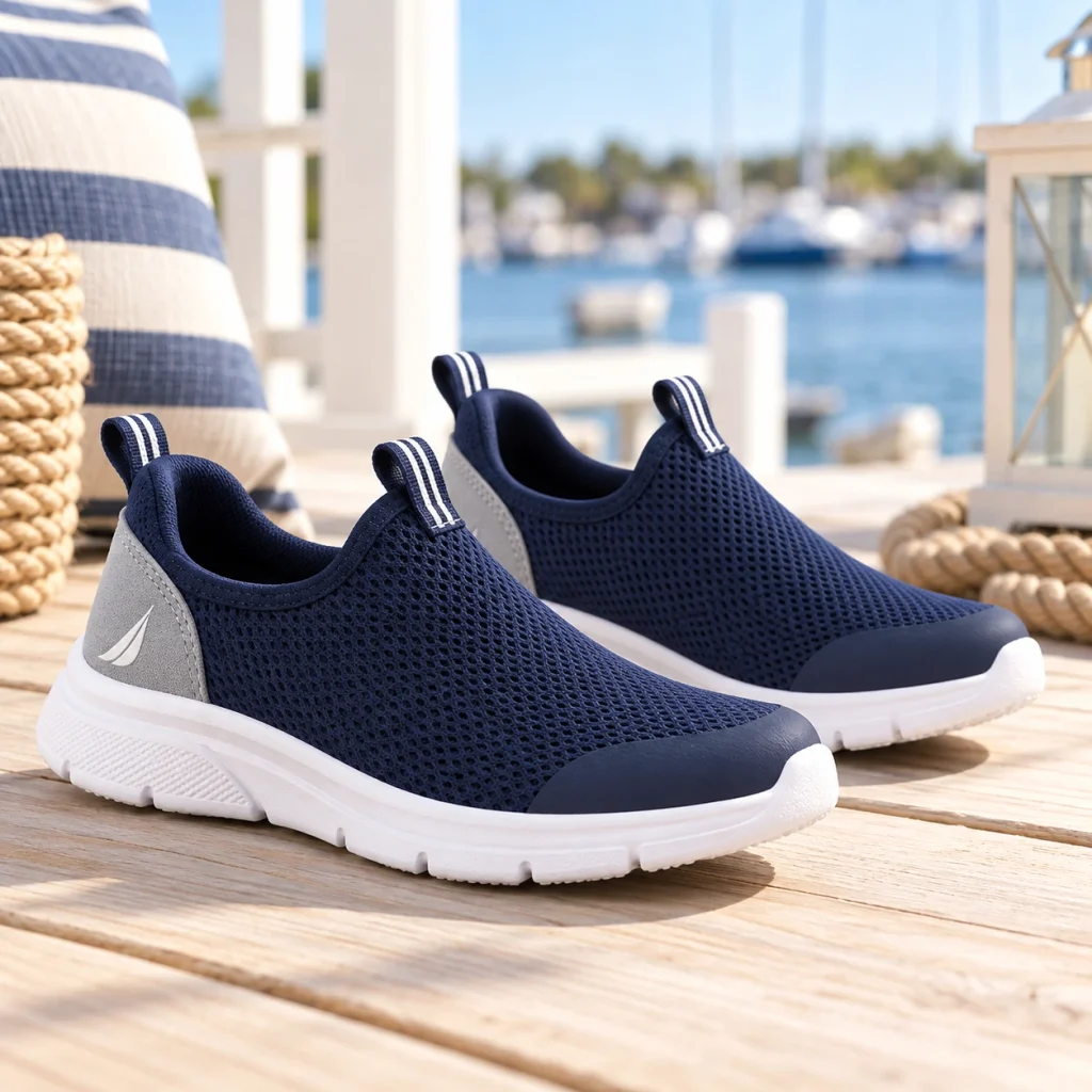 Lightweight navy blue Nautica kids slip-on athletic jogging shoes with breathable mesh uppers and cushioned white soles