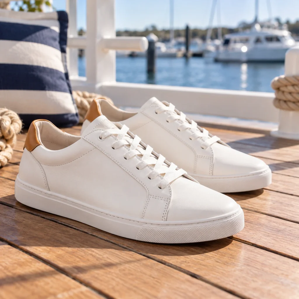 White Nautica low-top dress sneakers for boys featuring a clean lace-up design, white soles and tan heel accents
